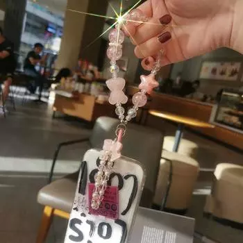 Ремешок для мобильного телефона на запястье с разноцветными бусинами в виде медведя и пяти звезд, женский ручной брелок с двойной цепочкой, короткий, с защитой от потери жёлтый