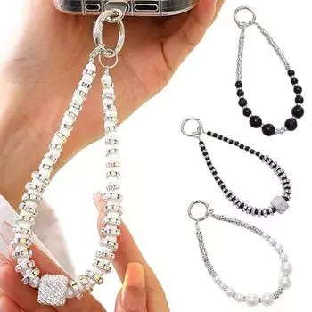 Ремешок для мобильного телефона с бусинами, искусственным жемчугом, подвеской, защищающей от кражи, модный браслет для телефона со стразами A