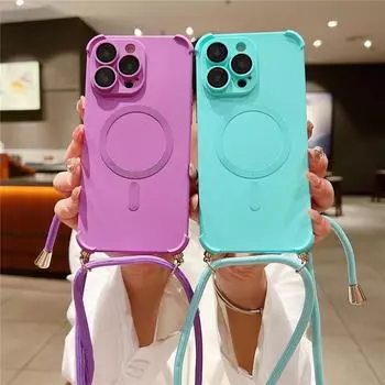 Ремешок для ожерелья через плечо, магнитный шнур для Magsafe, чехол для iPhone 13 12 14 Pro Max Plus, противоударный мягкий силиконовый чехол iphone 12 белый