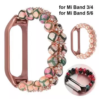 Ремешок для Xiaomi Mi Band 7 6 5 4 3, браслет, ювелирные изделия, женский браслет Mi Band 6 5 4 3, эластичный эластичный ремень для Miband 3 4 5 6, разноцветный из бисера For Mi Band 5 6 розового золота