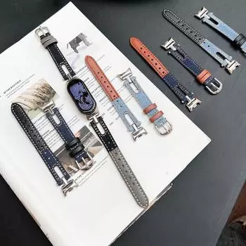 Ремешок для Xiaomi Mi Band 9 кожаный браслет на Mi band 8 Correa MiBand 8 женский ремешок для часов металлический браслет For xiaomi band9/8 чёрный/синий