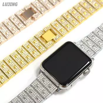 Ремешок из цинкового сплава LUJING для Apple Watch series 7 6 SE 5 4 3, браслет с бриллиантами, металлический блестящий ремешок с цирконом, раскладывающаяся пряжка для ремешка iwatch 44 мм, 45 мм, 38 мм