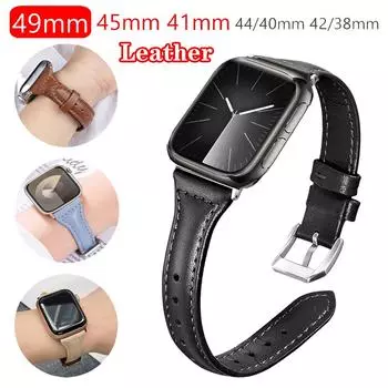 Ремешок из натуральной кожи для Apple Watch Ultra 2/Ultra 49 мм 9 8 7 41 мм 45 мм 44 мм 40 мм 38 мм 42 мм, тонкий женский ремешок для iWatch Series SE 6 5 4 3 2 1 49mm 45mm 44mm 42mm оранжевый