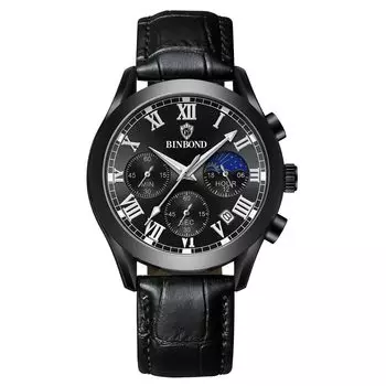 Ремешок из натуральной кожи с календарем, римским алфавитом, светящимся аналоговым звездным небом, водонепроницаемым кожаным ремнем, простым стильным кварцевым черным модным аксессуаром чёрный