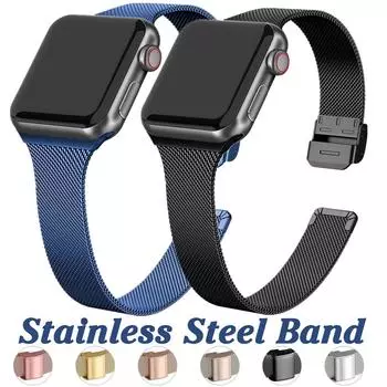 Ремешок из нержавеющей стали для Apple Watch Ultra 2 10 46 мм 9 8 7 49 мм 41 мм 45 мм 44 мм 40 мм 42 мм для часов серии SE 6 5 4 женский тонкий ремень с металлической пряжкой 42-41mm 40mm 38mm for apple watch серебряный