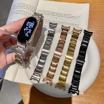 Ремешок из нержавеющей стали и золота для Xiaomi Mi Band 9 Metal Smart Watch, ремешки для часов, браслеты для Miband 8 Correa, аксессуары xiaomi band 9/8 чёрный