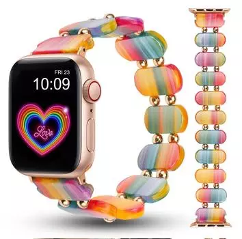 Ремешок из смолы для Apple Watch, ремешок 41 мм, 40, 44 мм, 45, 42, женский эластичный ремешок с кольцом, металлическая бусина, подходит для iWatch серии 9/8/6/5/se 38mm 40mm 41mm