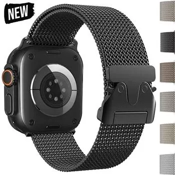 Ремешок Milanese для Apple Watch Band Ultra 2 49 мм 46 мм 44 мм 45 мм 41 мм 42 мм 40 мм 38 мм браслет-петля для iWatch Series S10 9 7 8 5 6 SE For iwatch S10 42mm чёрный
