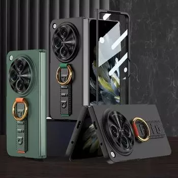 Ремешок на запястье и чехол-кольцо для OPPO Find N3. Тонкий жесткий противоударный чехол из ПК для Find N3. Капа со стеклянной пленкой. For Oneplus Open чёрный