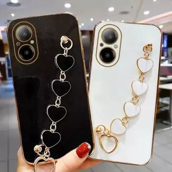 Ремешок на запястье с цепочкой в форме сердца, 6D покрытие, чехол для телефона OPPO M6 4G X6 Pro, мягкий силиконовый тонкий браслет, защитная задняя крышка для Redmi 13 4G Note 13R 5G POCO M6 4G чёрный