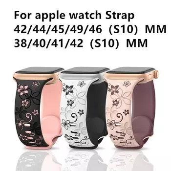 Ремешок с гравировкой для Apple Watch Band 46 мм 42 мм 40 мм 41 мм 45 мм 44 мм 49 мм 38 мм силиконовый браслет Correa iwatch Series 10 9 8 7 6 5 4 SE3 Ultra 2 42/44/45/49/46S10 розовый/коричневый