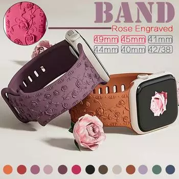 Ремешок с гравировкой в виде розы для Apple Watch Ultra 2/Ultra 49 мм 9 8 7 45 мм 41 мм Силиконовый браслет с принтом для iWatch Series 6 5 4 3 2 1 Se 44 мм 42 мм 38 мм 40 мм 41mm 40mm 38mm for apple watch чёрный