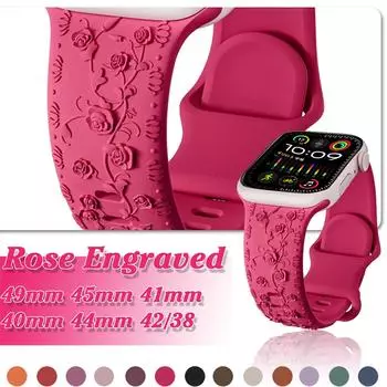 Ремешок с гравировкой в виде розы для умных часов Ultra 2 Ultra 49 мм 9 8 7 45 мм 41 мм Силиконовый браслет с принтом для часов серии 6 5 4 3 2 1 Se 44 мм 42 мм 38 мм 40 мм 41mm 40mm 38mm for apple watch чёрный