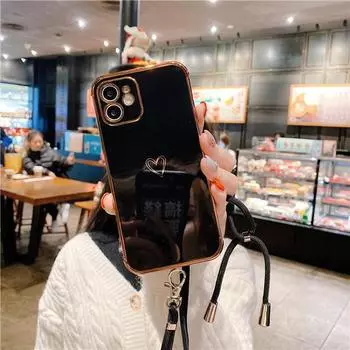 Ремешок с ожерельем, чехол для телефона для iPhone 11, 13, 14, 15 Pro XS MAX XR 7 8 Plus SE2 12, мини-позолоченный бампер, ремешок на шею For iPhone 15 Pro