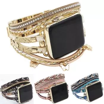 Ремешок в богемном стиле для Apple Watch Ultra 2, 49 мм, 45 мм, 44 мм-41-40-42 мм, женский роскошный кожаный браслет iWatch Series 9, 8, 7, 5, 4, 6 SE Band 38/40/41mm