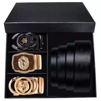 Ремни черные мужские ремни из натуральной кожи с 3 металлическими автоматическими пряжками ремни в штучной упаковке мужские подарки 110cm/43in чёрный