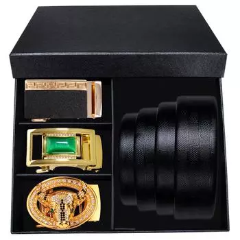 Ремни для мужчин, черные ремни из натуральной кожи с 4 металлическими автоматическими пряжками, ремни в упаковке, мужские подарки 110cm/43in чёрный