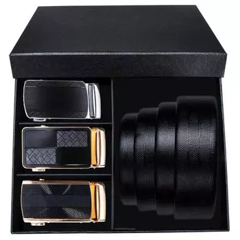 Ремни для мужчин, черные ремни из натуральной кожи, 4 шт., металлические автоматические пряжки, ремни в штучной упаковке, мужские подарки 110cm/43in чёрный