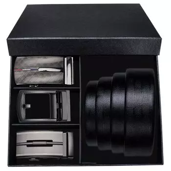 Ремни для мужчин, черные ремни из натуральной кожи с 3 металлическими автоматическими пряжками, ремни в упаковке, мужские подарки 110cm/43in чёрный