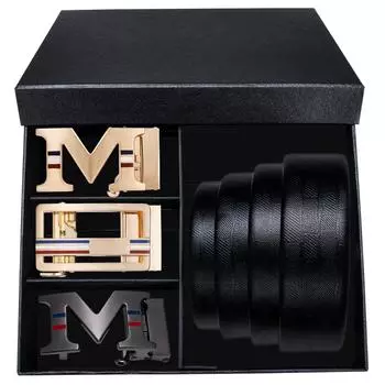 Ремни для мужчин, черный ремешок из натуральной кожи с 3 металлическими автоматическими пряжками, ремни в упаковке, мужские подарки 110cm/43in чёрный