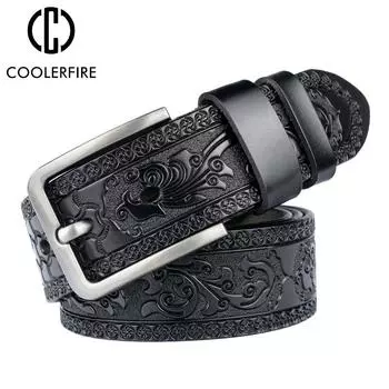 Ремни для мужчин Винтаж Натуральная кожа Высокое качество Модные классические повседневные джинсы с резными цветами Мужские ремни с пряжкой HQ232 110cm синий