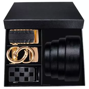 Ремни для мужчин золотые ремни из натуральной кожи с 3 металлическими автоматическими пряжками ремни в упаковке мужские подарки 110cm/43in чёрный