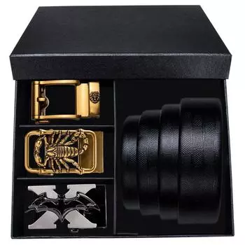 Ремни мужские черные из натуральной кожи с 3 металлическими автоматическими пряжками ремни в коробочке мужские подарки