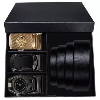 Ремни мужские черные ремни из натуральной кожи с 3 металлическими автоматическими пряжками ремни в штучной упаковке мужские подарки 110cm/43in чёрный