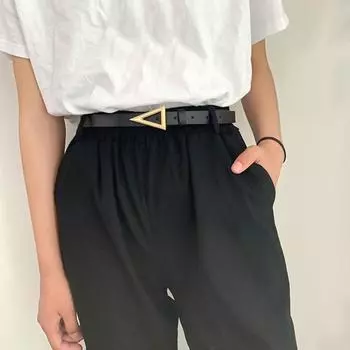 Ремни с золотой треугольной пряжкой, женский модный эластичный тонкий пояс из искусственной кожи, простой черный пояс для платья чёрный
