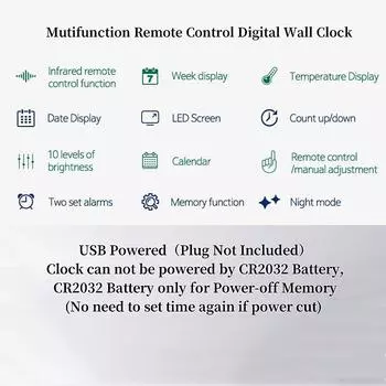 Большие цифровые настенные часы с дистанционным управлением, TEMP, дата, неделя 2, будильник, обратный отсчет, автоматическое затемнение, светодиодный настольный будильник 38.1x14.6x3cm белый
