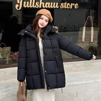Removable hat cotton clothes women s winter new large size women s clothing medium and long coat loose bread clothes cotton clothes M чёрный