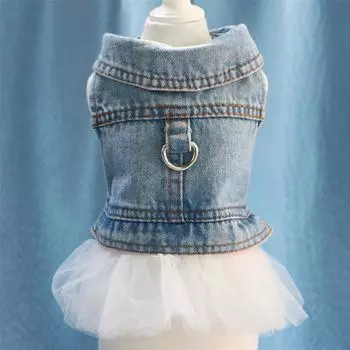 Removable splicing pet small puppy dog clothes princess mesh denim skirt spring, autumn and winter XS