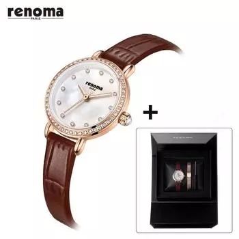 RENOMA RE2302 Женские часы с кожаным ремешком + сетчатый ремешок в подарок, популярные корейские часы