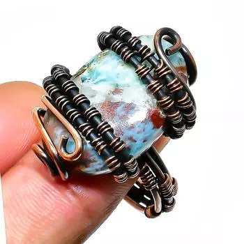 Ювелирное кольцо ручной работы из медной проволоки с драгоценным камнем Республика Ларимар, размер 12