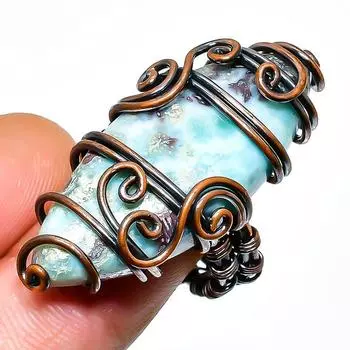 Ювелирное кольцо ручной работы из медной проволоки с драгоценным камнем Республика Ларимар, размер 7,5