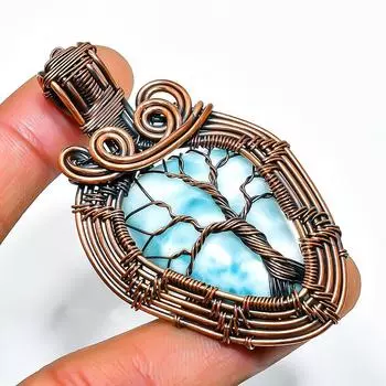 Republic Larimar Gemstone Handmade Copper Wire Wrap Jewelry Pendant 2.44 2.44 синий