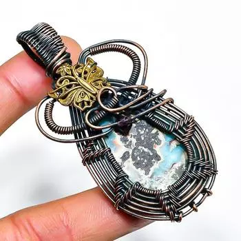 Republic Larimar Gemstone Handmade Copper Wire Wrap Jewelry Pendant 2.76 2.76 синий