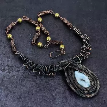 Republic Larimar Gemstone Handmade Copper Wire Wrap Jewelry Necklace 18 S9z72