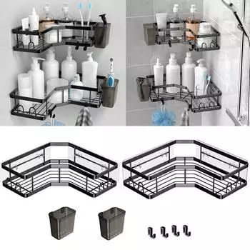 Решение для хранения в ванной и душе. Экономящая пространство полка. Клейкая полка для душа. Угловая полка. Эффективная и функциональная полка. чёрный