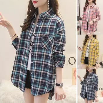 Решетчатая блузка с принтом для женщин с длинным рукавом и отложным воротником на пуговицах, футболки, топы M жёлтый