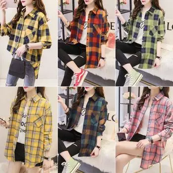 Решетчатая блузка с принтом для женщин с длинным рукавом и отложным воротником на пуговицах, футболки, топы M розовый