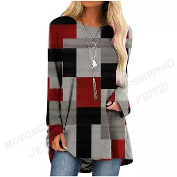 Решетчатая футболка с геометрическим 3d принтом и длинным рукавом, женская модная футболка, длинная футболка, женские топы, туники, графические футболки Y2k S