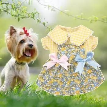 Решетчатый галстук-бабочка с принтом, кукольный воротник, дышащая юбка для двуногих домашних животных, одежда для дома M жёлтый