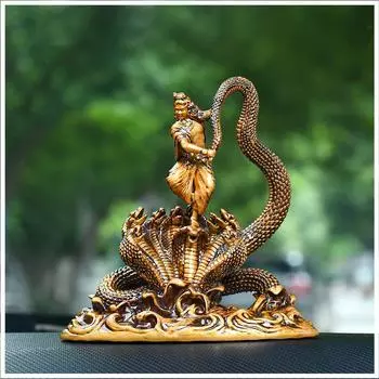 Resin Dancing Krishna with Kaliya Naag Statue Standing Krishna Idol Lord Krishna Murti Antique Decor Thakur Ji for Car Dashboard Home Decor