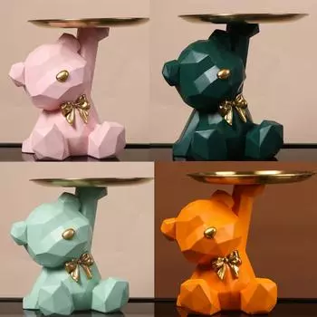 Resin Geometric Bear Key Holder Figurine Home Entrance Tray Ornament Nordic Shop Candy Sundries Storage Statue Desk Decoration белый