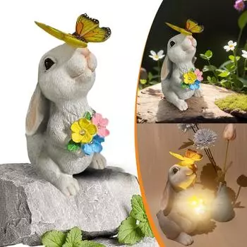 Статуэтки кролика из смолы с солнечной лампой в виде цветка-бабочки для патио, балкона, двора