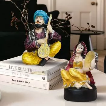 Resin Rajasthani Traditional Couple with Musical Instruments for Home Decor - (Set of 2, Multicolor)