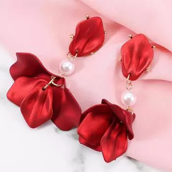 Resin Simulated Pearl Metal Tassel Big Petals Stud Earring Dangle Earrings Jewelry Accessories красный