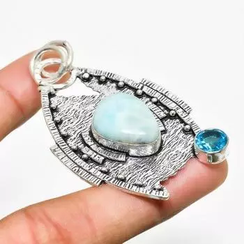 Республика Ларимар, драгоценный камень голубой топаз 925, посеребренный кулон 2,46 дюйма 2.46 синий