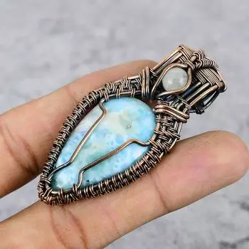 Республика Ларимар Подвеска Медная Проволока Обернутая Подвеска Ларимар Драгоценный Камень Подвеска Лунный Камень Ожерелье Ювелирные Изделия Ручной Работы Подарок для Нее синий